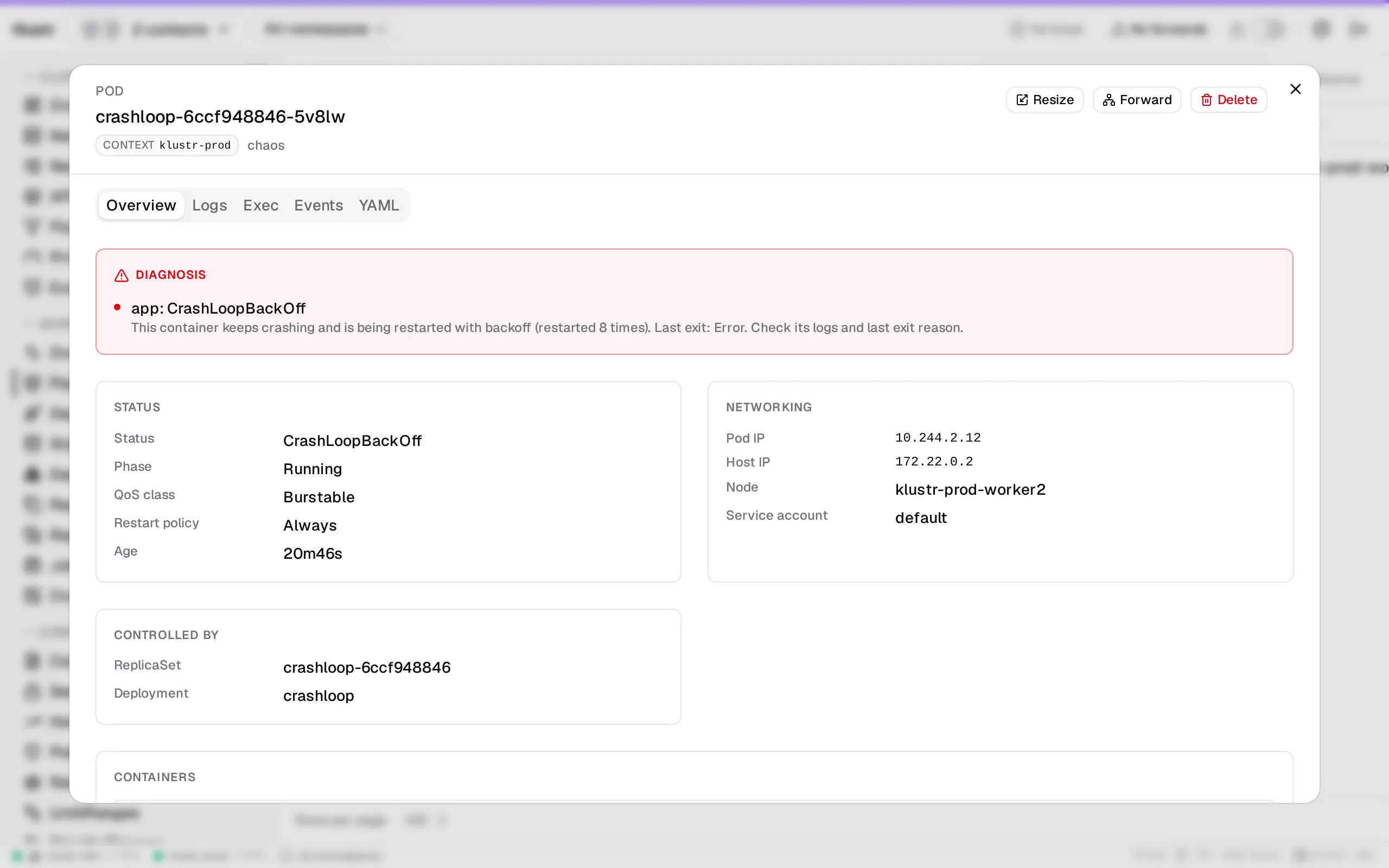 Klustr Pod diagnosis view in the Default Light theme. A crash-looping pod opens on a diagnosis card that says what is wrong and what to check next, above the raw status, conditions and containers you would otherwise piece together.