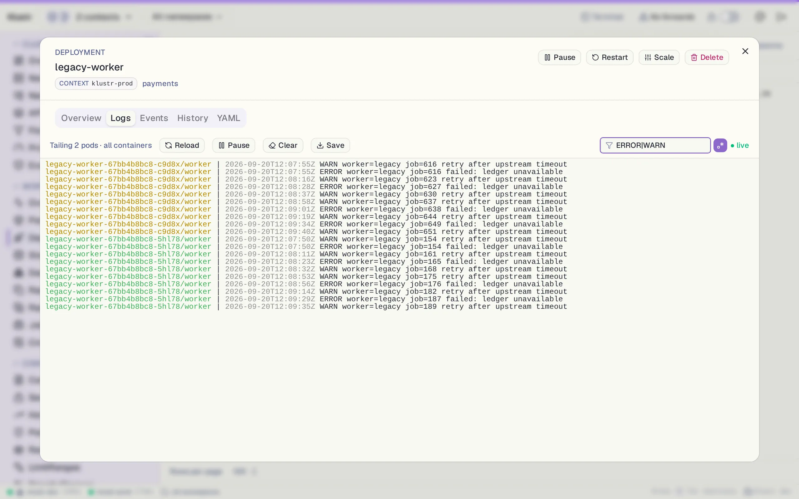 Klustr Multi-pod logs view in the Dracula Light theme. One stream across every pod of a Deployment, a color per pod, filtered live with the regex ERROR|WARN. Follow, pause, clear and save without leaving the dialog.
