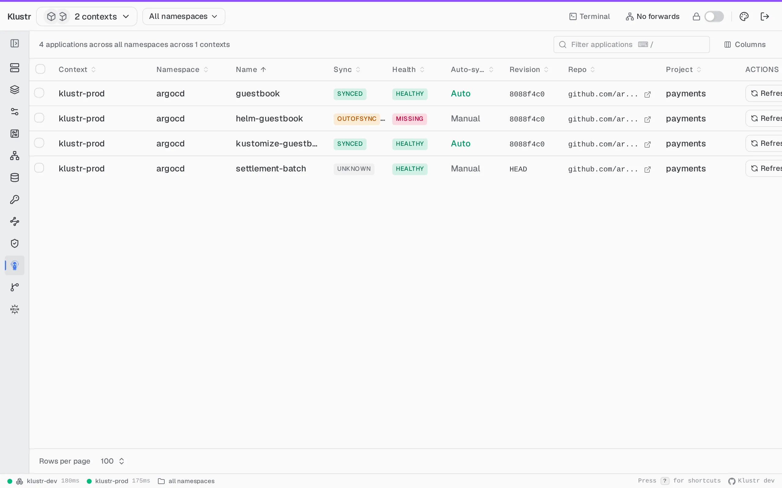 Klustr Argo CD applications view in the One Light theme. Sync and Health pills per Application, auto-sync policy, revision and repo, with Refresh, Suspend and Sync actions on every row. Driven through the Kubernetes API, no argocd CLI or login.