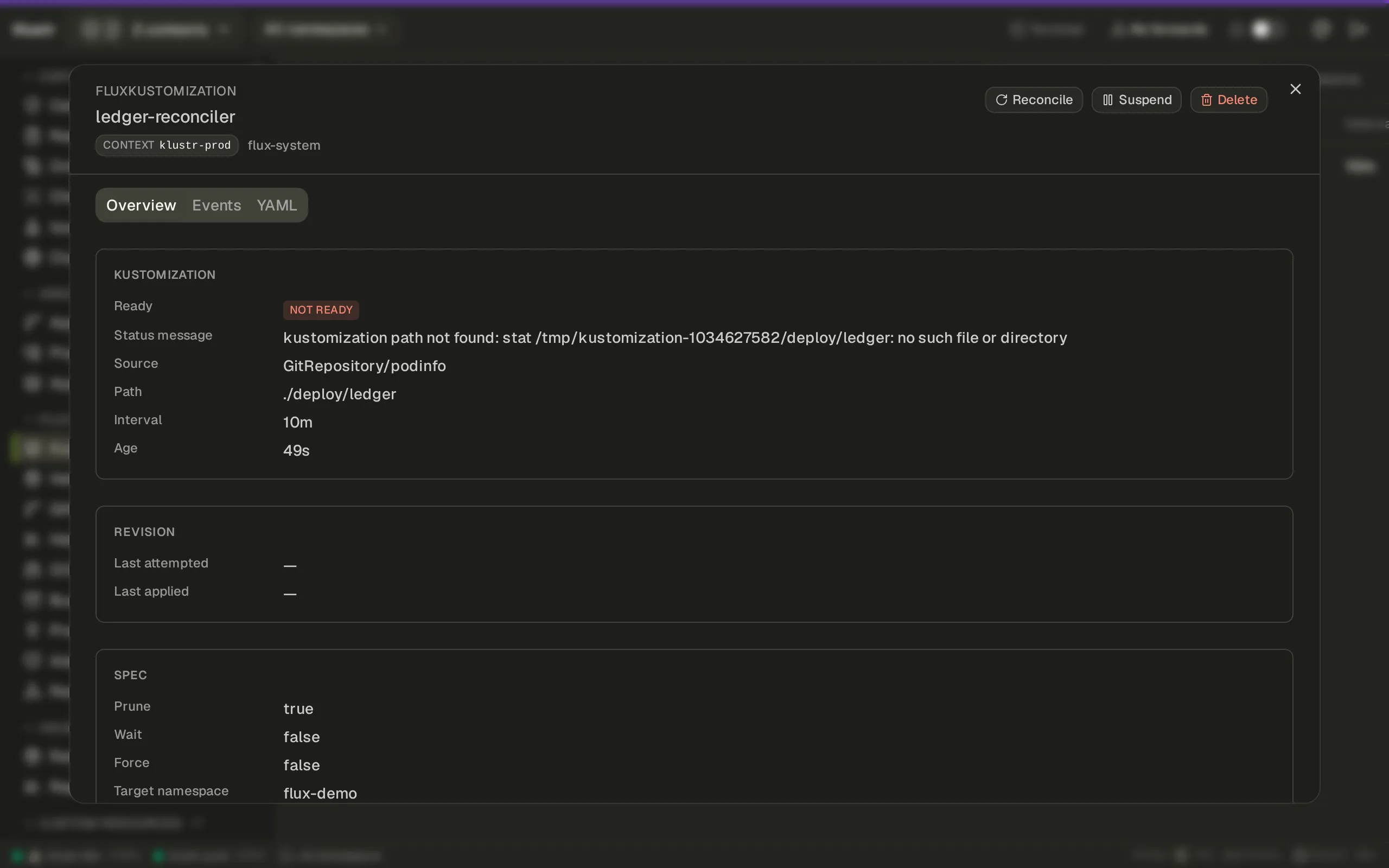 Klustr Flux Kustomization view in the Monokai theme. A failed Kustomization shows its status message, source, path and interval up front, with Reconcile and Suspend one click away. The path typo is readable without opening YAML.