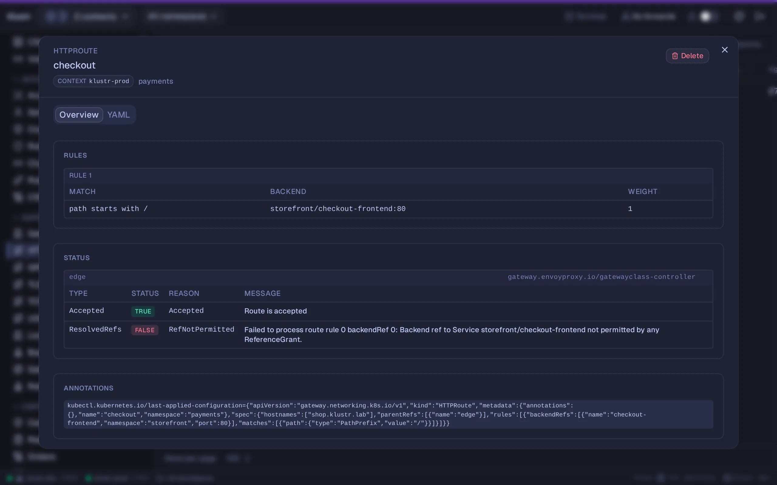 Klustr Gateway API route status view in the Tokyo Night theme. The rule matrix shows match, backend and weight; the status block shows the route was Accepted but ResolvedRefs is False with RefNotPermitted, the missing ReferenceGrant spelled out.