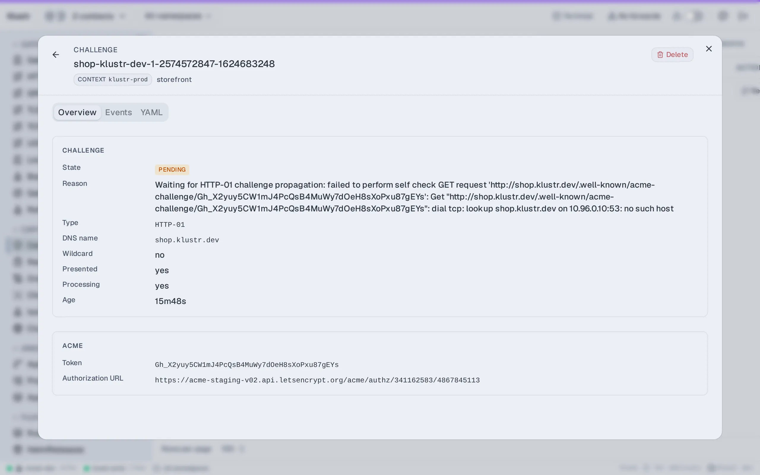 Klustr cert-manager issuance chain view in the Nord Light theme. Drilled from a Certificate through its CertificateRequest and Order to the pending HTTP-01 Challenge, with the ACME self-check error that explains why issuance is stuck.