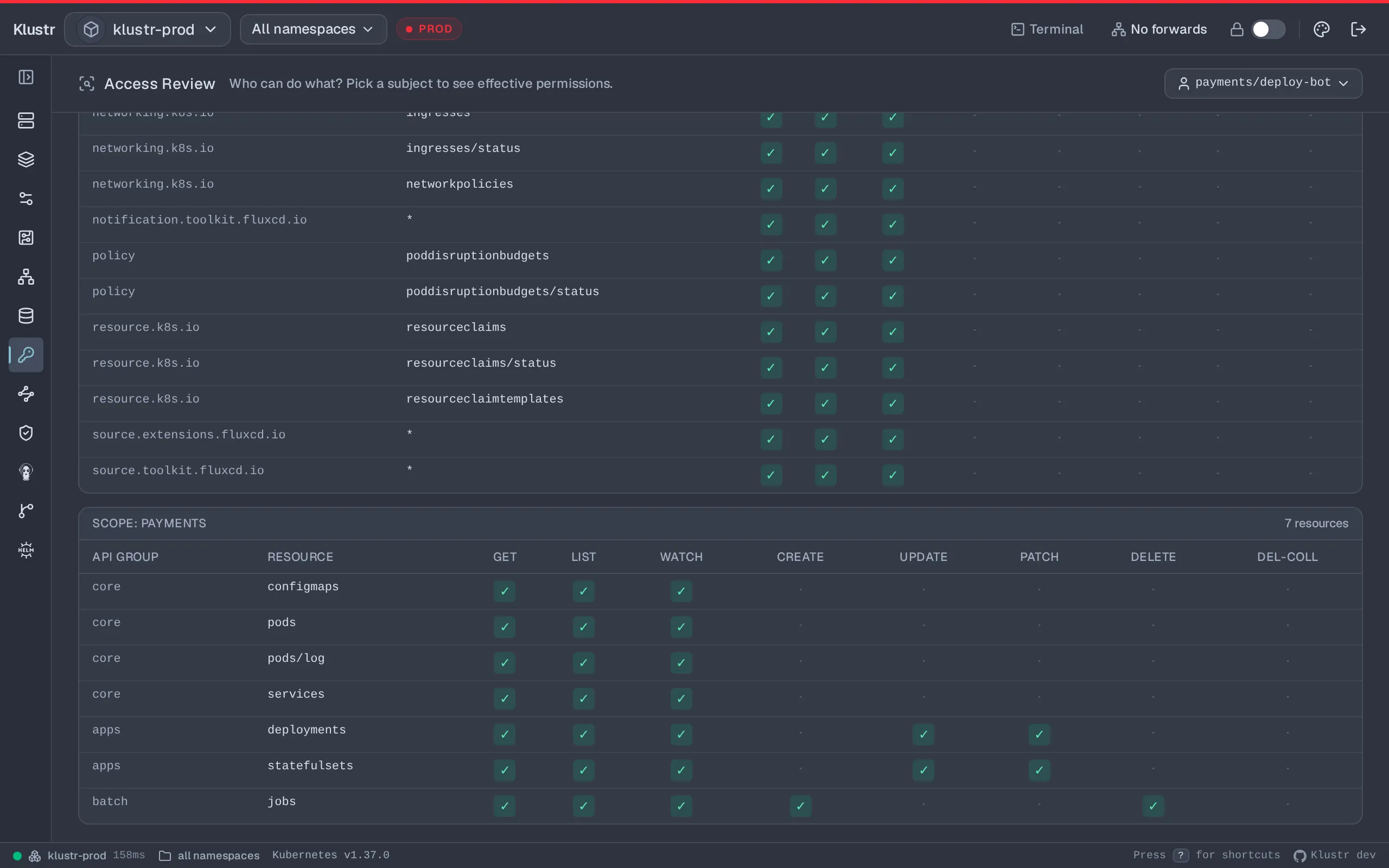 Klustr Access Review view in the Nord theme. What a ServiceAccount can do, as a resource-by-verb matrix per scope. The namespaced Role grants update and patch on Deployments; a wildcard rule elsewhere is flagged in the header.