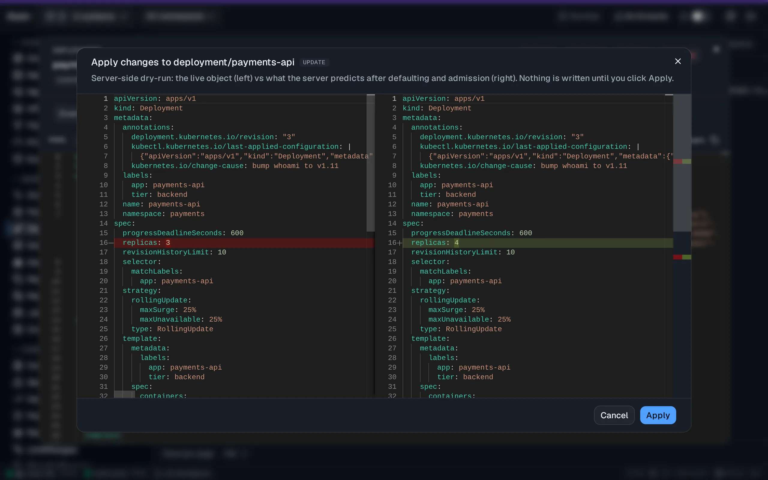 Klustr YAML edit with server-side diff view in the Default Dark theme. Edit in Monaco, then review the live object against what the API server predicts after defaulting and admission. Nothing is written until Apply.