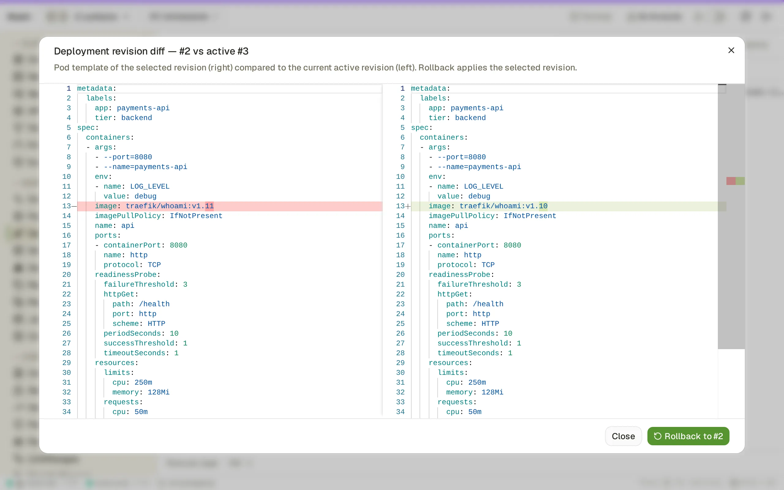 Klustr Rollout history and rollback view in the Monokai Light theme. Revision 2 diffed against the active revision 3, change causes included, with a one-click rollback to the selected revision.