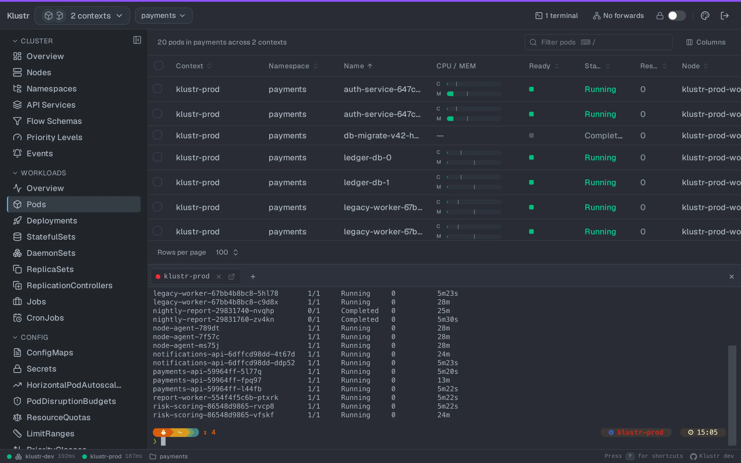 Klustr Terminal drawer view in the One Dark theme. A local shell pinned to klustr-prod under the pod table, with KUBECONFIG already set. kubectl in the drawer sees the same cluster as the rows above it.