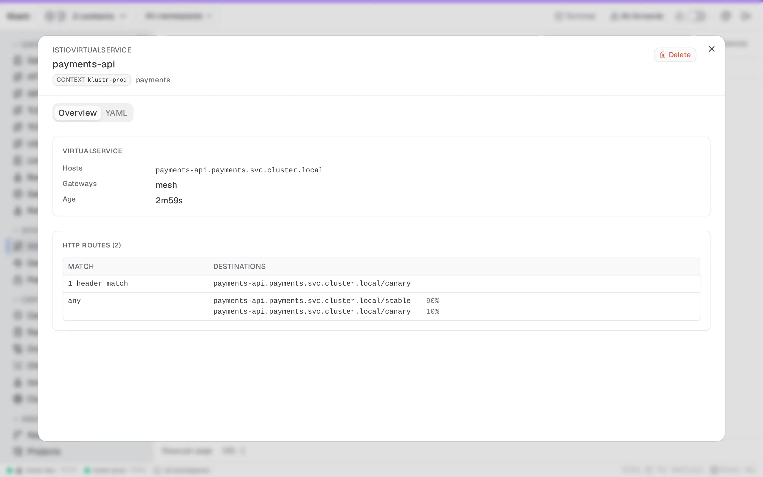Klustr Istio VirtualService view in the One Light theme. A weighted canary read straight from the rule table: 90 percent of traffic to the stable subset, 10 percent to canary, and a header match that pins x-canary requests to the new version.