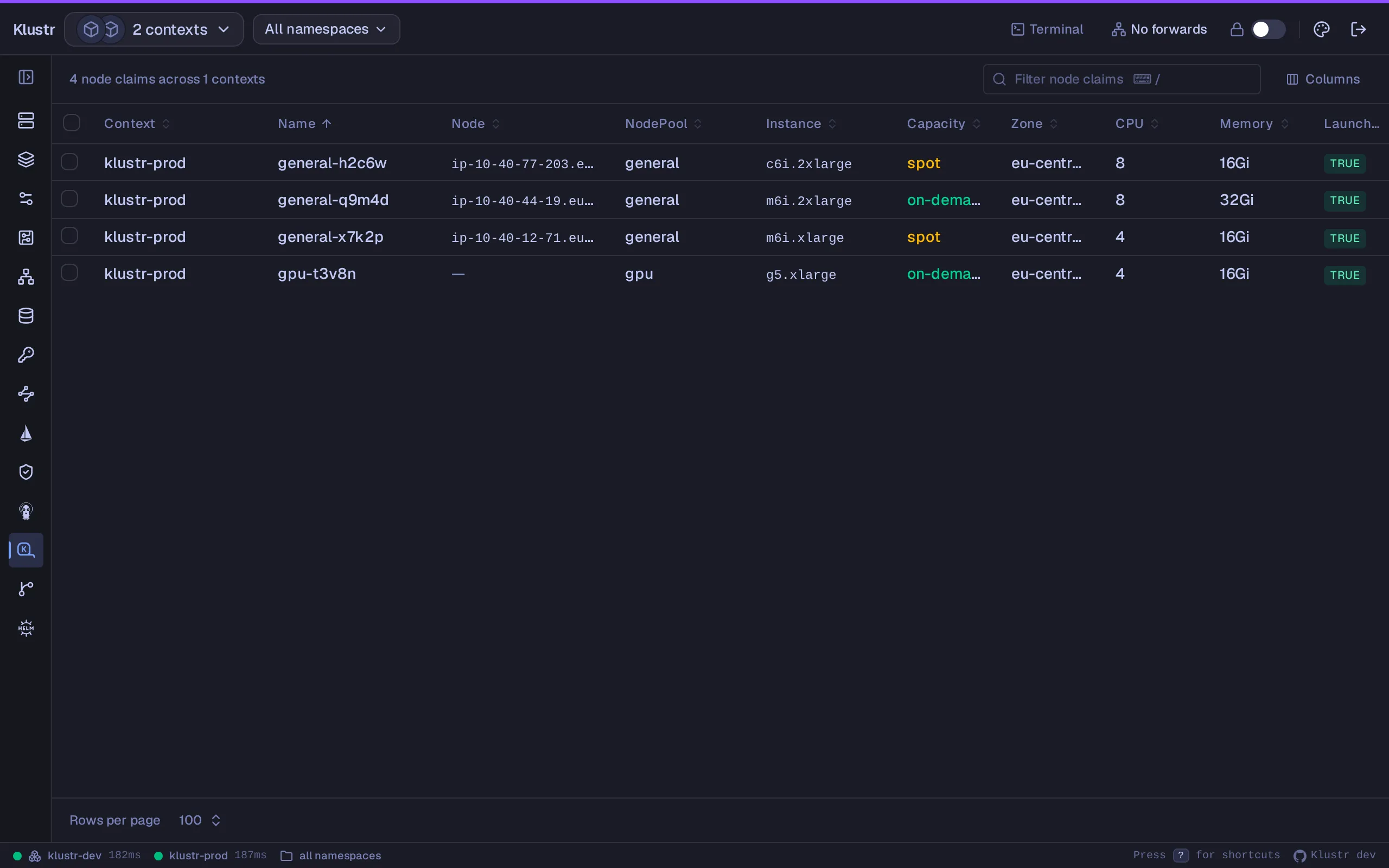 Klustr Karpenter NodeClaims view in the Tokyo Night theme. Every claim with its node, pool, instance type, capacity type and zone, plus the Launched, Registered and Initialized steps. The GPU claim is still waiting for its node to register.