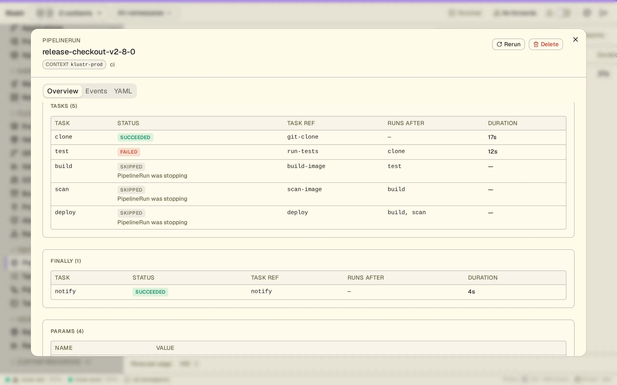 Klustr Tekton PipelineRun view in the Dracula Light theme. A failed release run as one task table: clone succeeded, the tests failed, build, scan and deploy were skipped because the run was stopping, and the finally task still sent its notification.