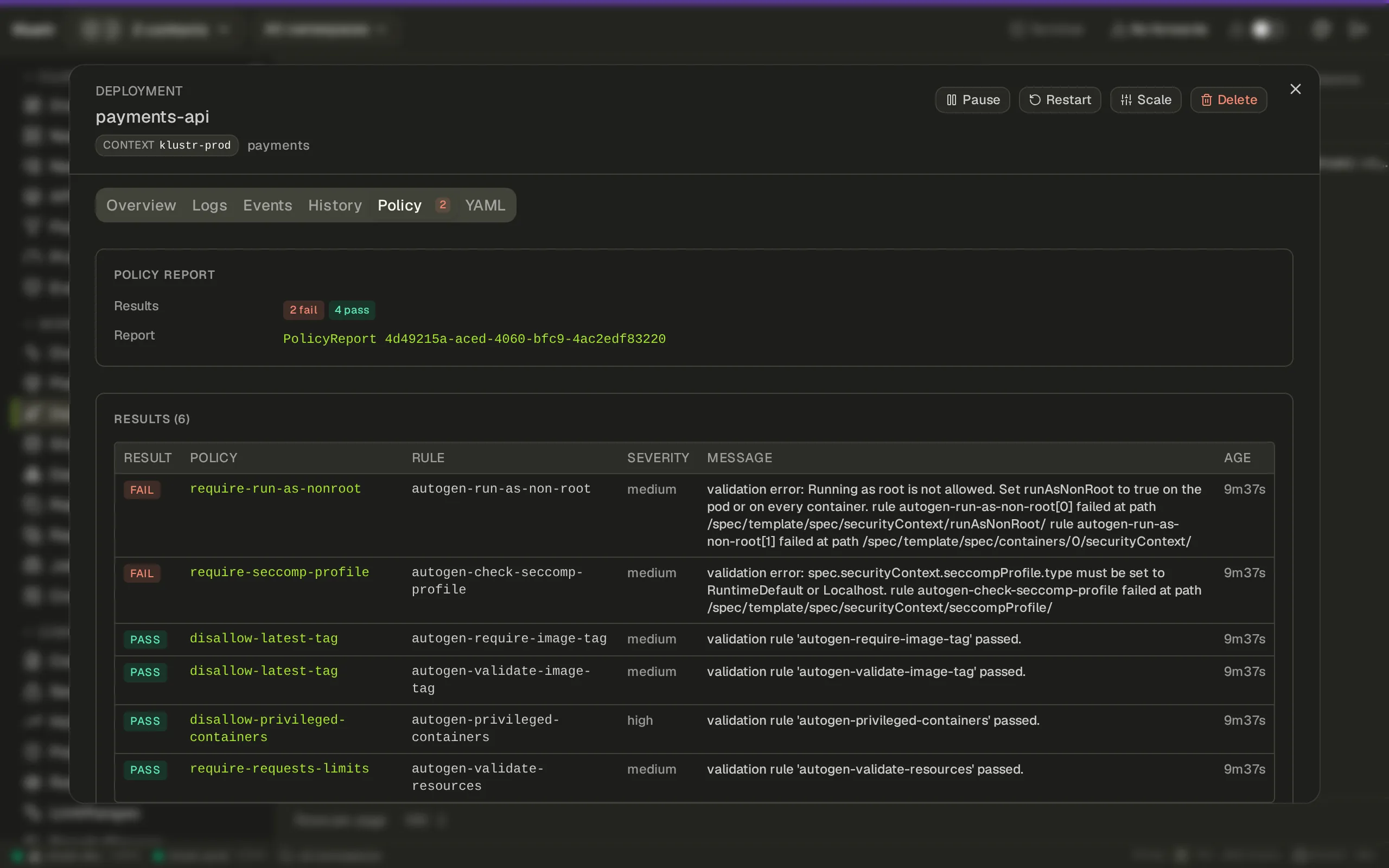Klustr Kyverno Policy tab view in the Monokai theme. The payments-api Deployment with its own policy report: two failing Pod Security rules on top, the passing ones below, and the failing count on the tab label so it shows before the tab is opened.